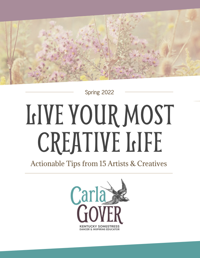 Book cover for "Live Your Most Creative Life" with purple wildflowers, and a logo with a swallow in flight. 